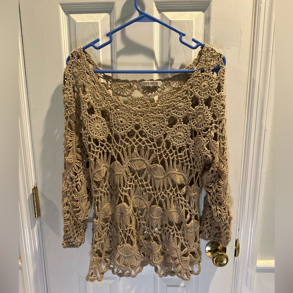 Vintage Arden B Crochet Sweater Light Brown Tan Medium Boho Y2K